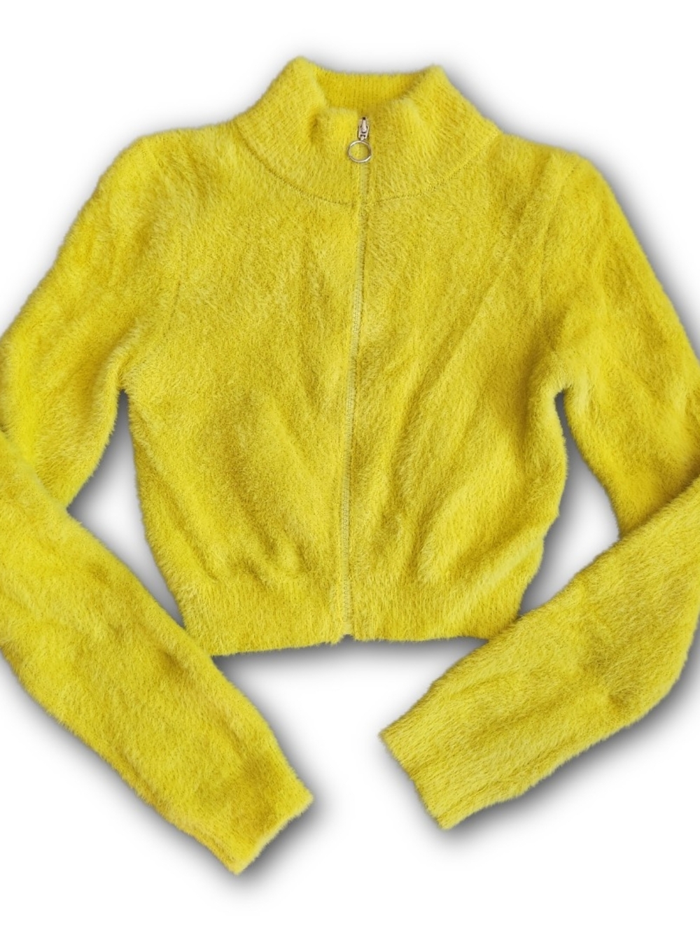 Bright Yellow Fuzzy Zip-Front Crop Cardigan